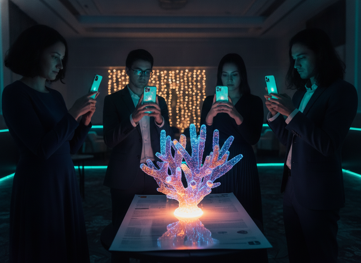 Visitors around one poster, each exploring the coral hologram on their own phone