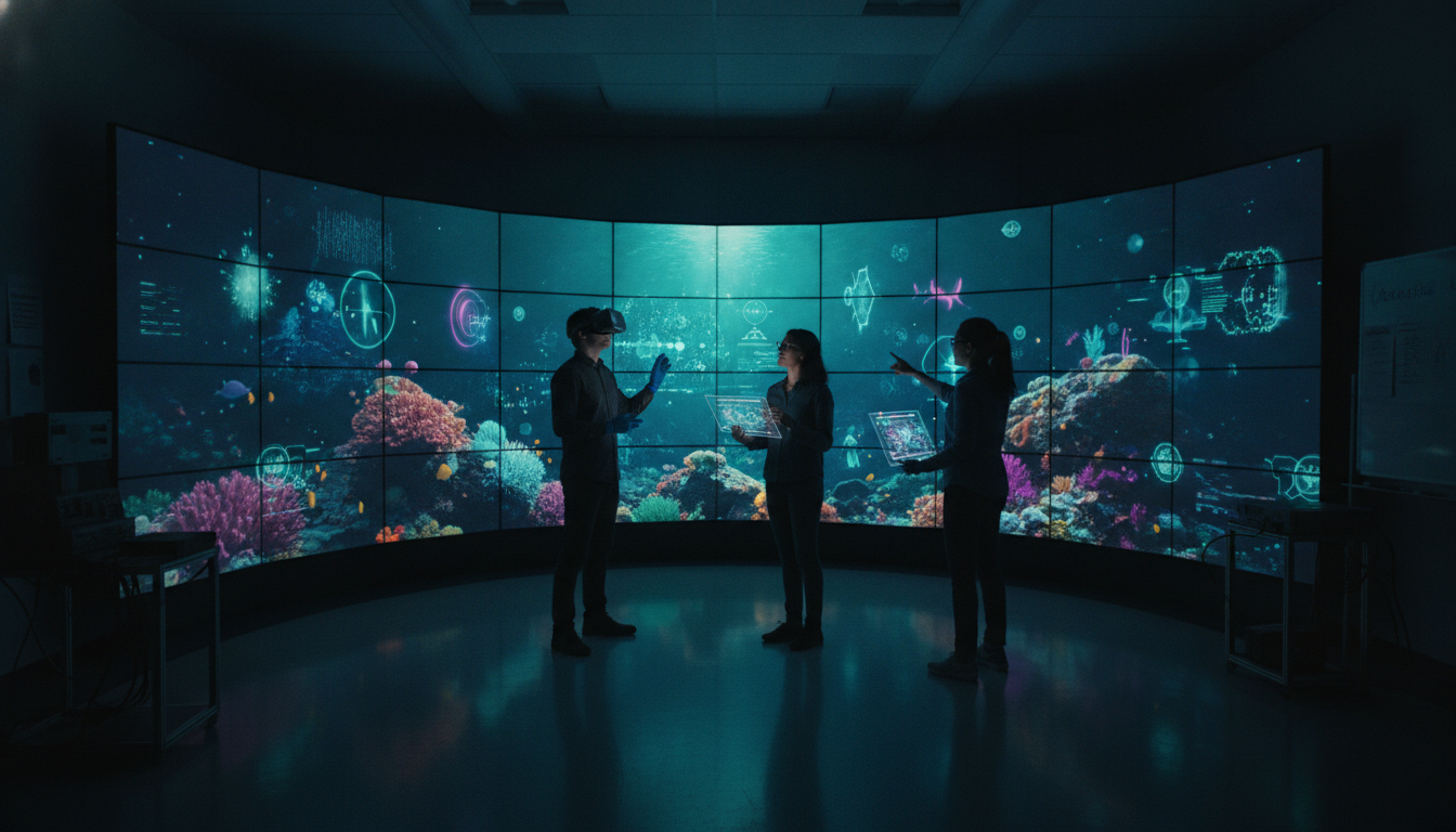 Researchers exploring coral visualizations on the lab's immersive display wall