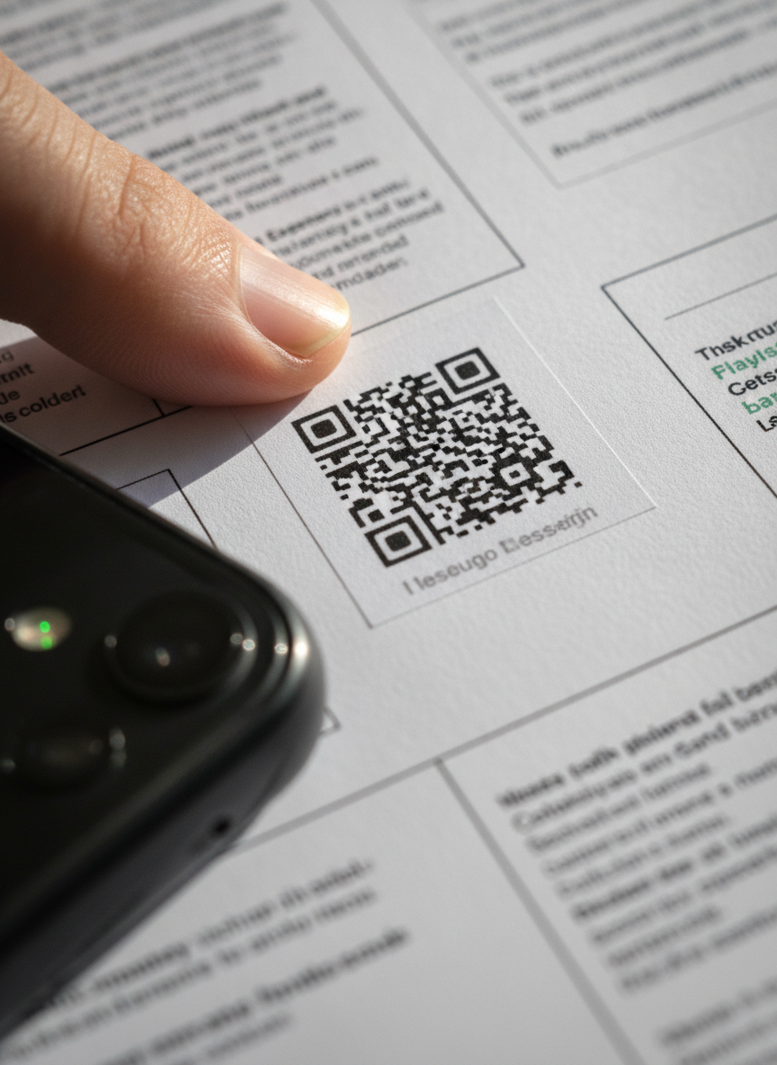 Macro of the QR badge printed on a poster corner