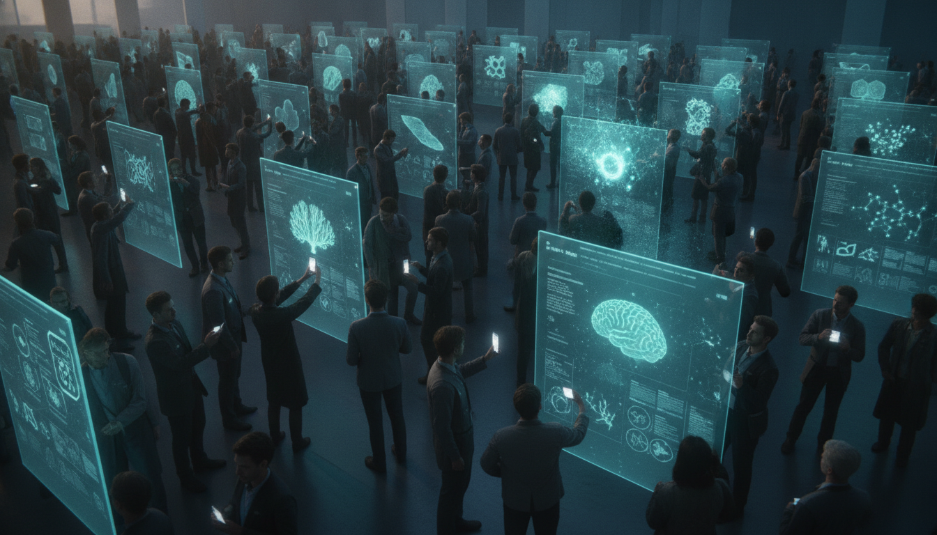 A future poster hall where many posters glow with AR content