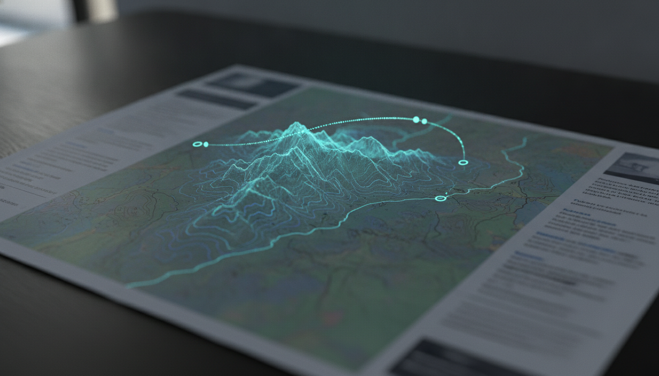 Holographic terrain with flight path over a map poster