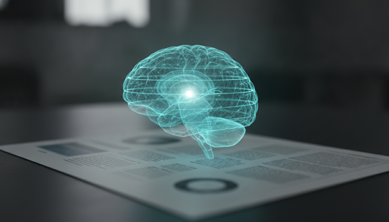 Holographic brain volume over a poster