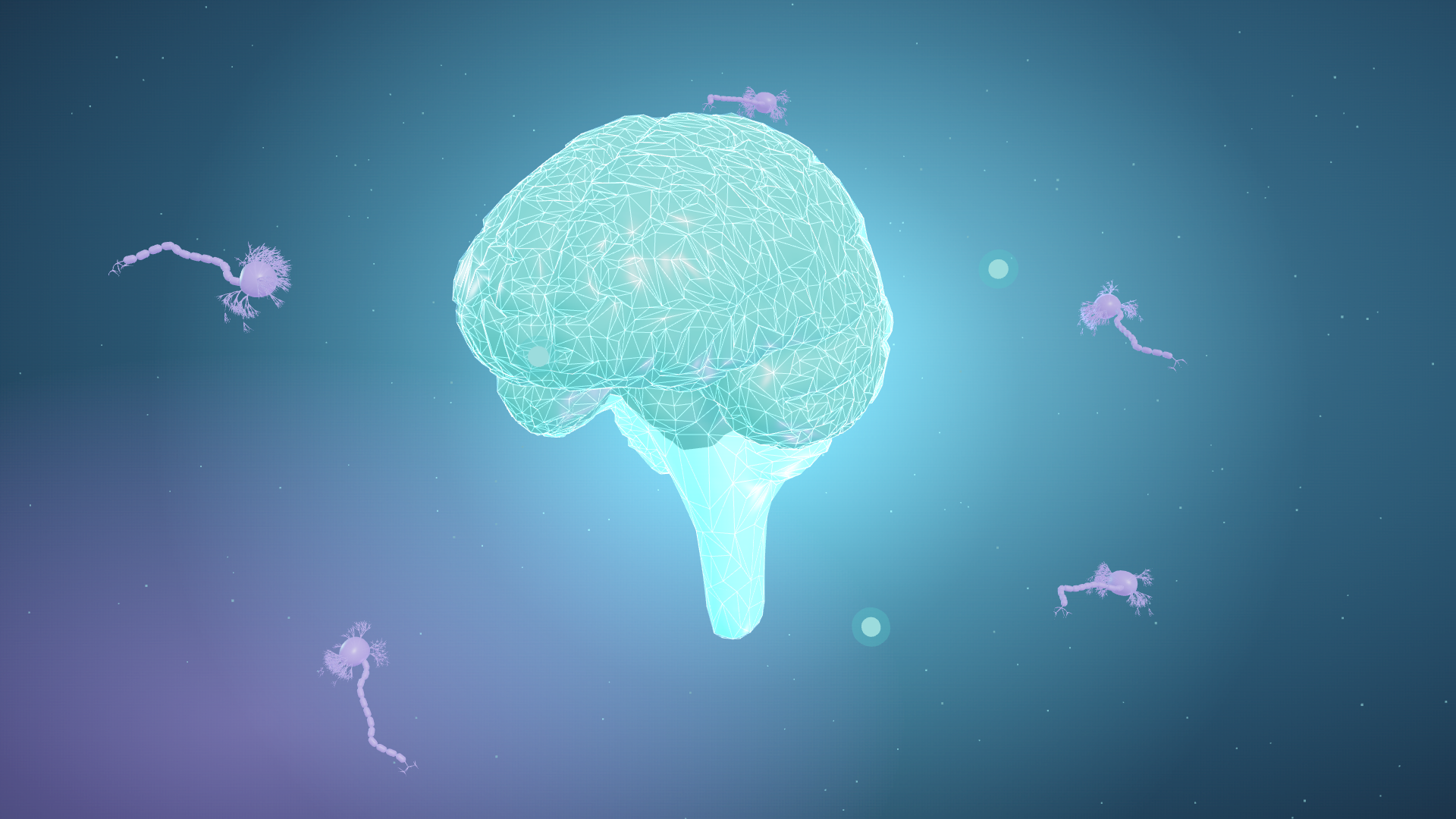 A glowing 3D brain hologram with neurons floating around it